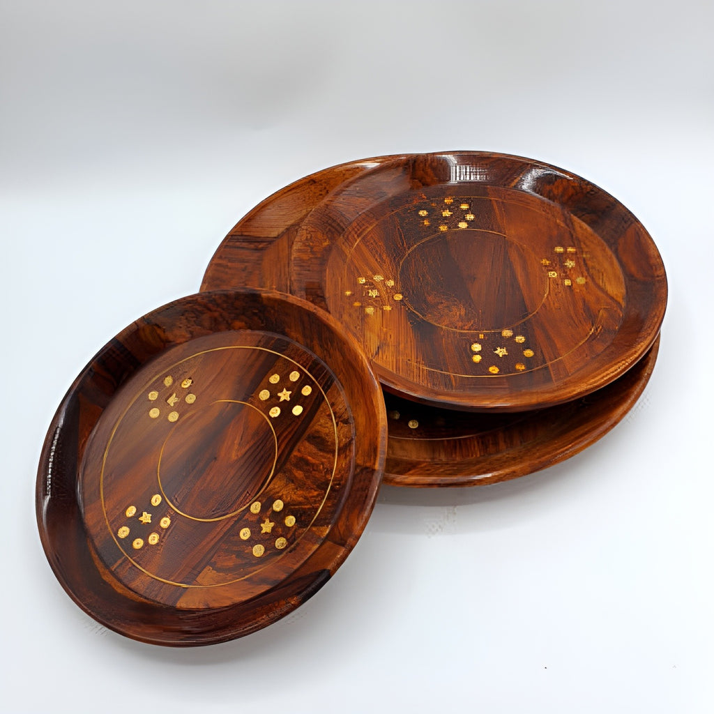 Handcrafted Wooden Brass Plates - Set of 3
