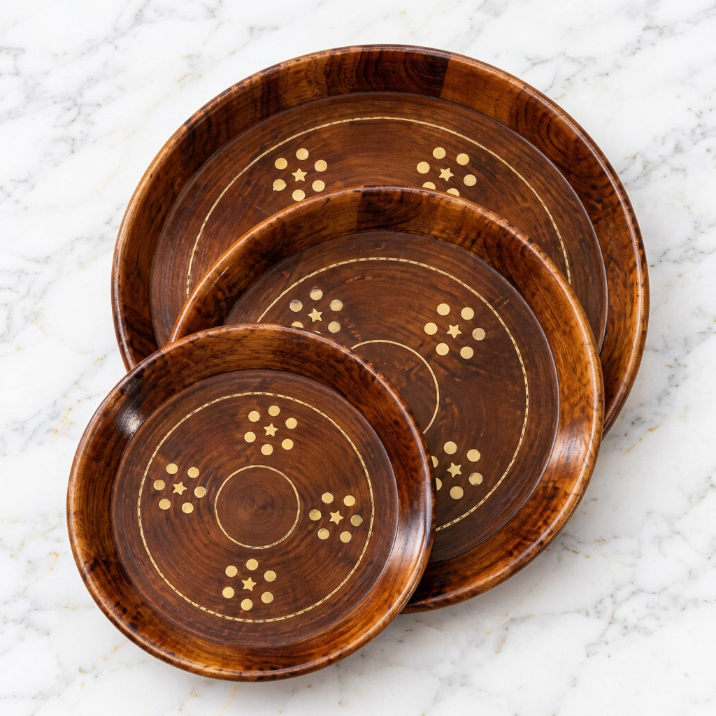 Handcrafted Wooden Brass Plates - Set of 3