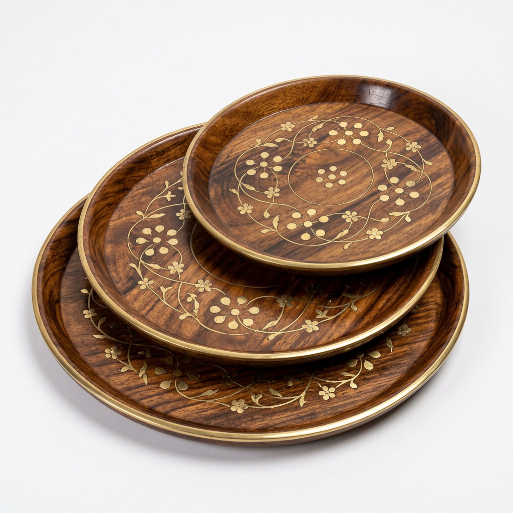 Handcrafted Wooden Brass Plates - Set of 3