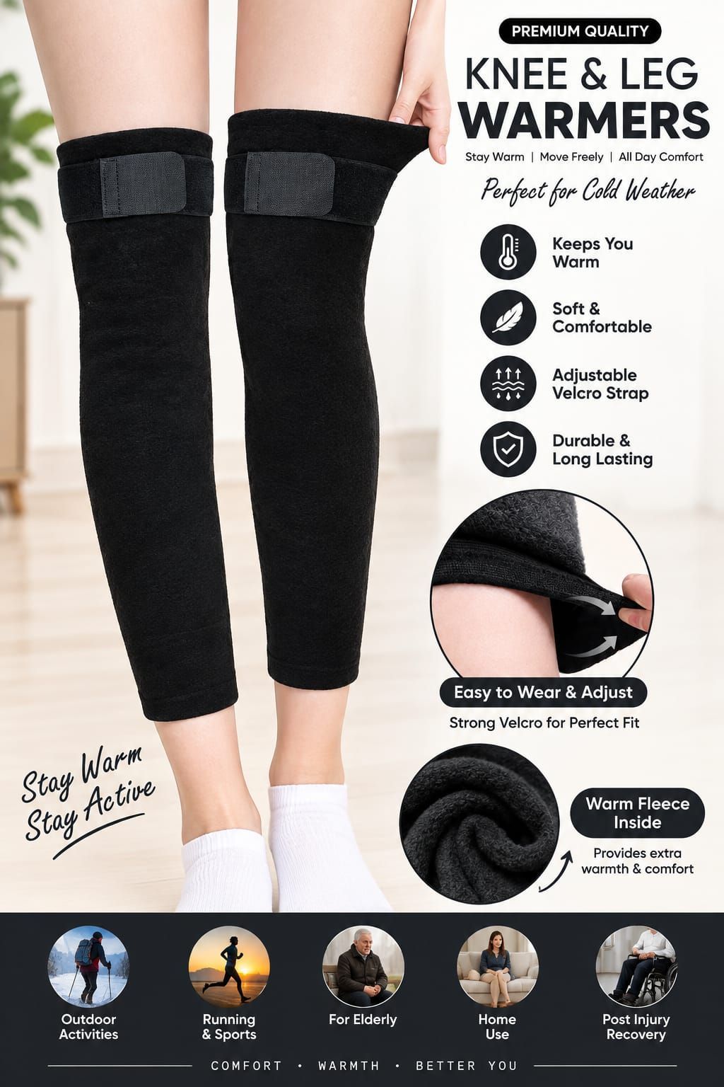 Thermal Knee & Leg Warmers - Adjustable Fleece Lined (Pair)