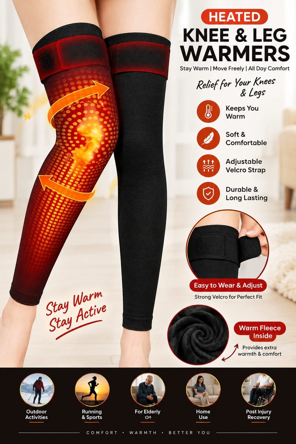 Thermal Knee & Leg Warmers - Adjustable Fleece Lined (Pair)