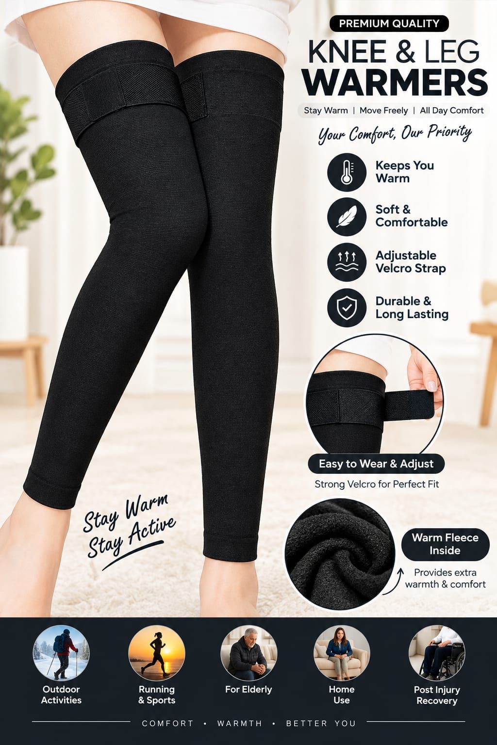 Thermal Knee & Leg Warmers - Adjustable Fleece Lined (Pair)